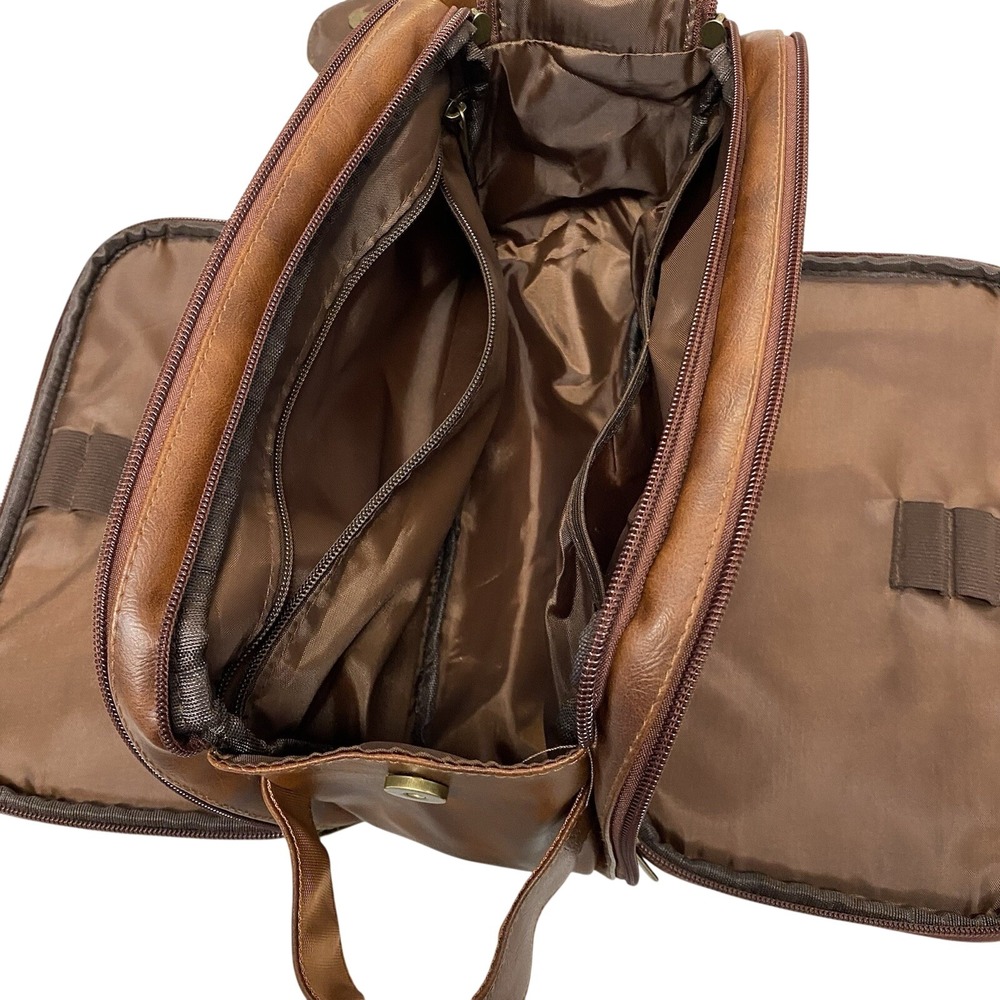 Men's Travel Toiletry Bag Dopp Kit Brown Faux Leather Organizer Multi Zip